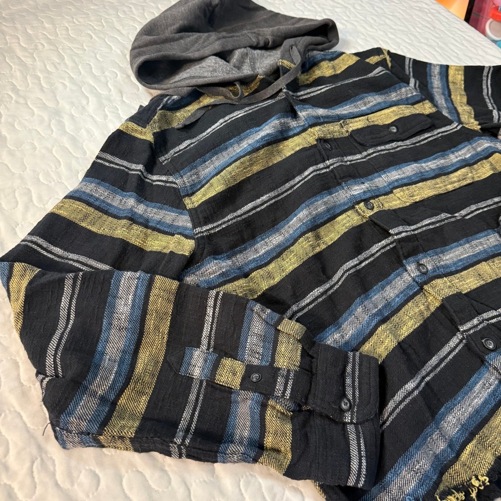 Sonoma Hooded Flannel Shirt Women S Black Blue Yellow Frayed Hem Striped Boho